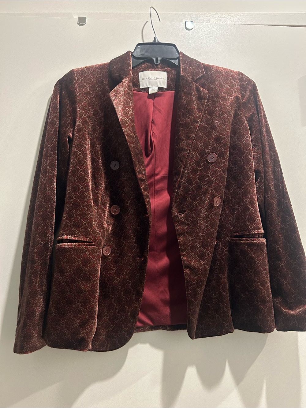 Carolina Belle Double-Breasted Velvet Blazer in Deep Burgundy